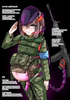 1girl big_belly black_background brown_hair bulletproof_vest camouflage commentary_request corruption dark_persona female_focus green_helmet green_pants green_shirt green_vest grey_eyes helmet highres inflation looking_at_viewer medium_hair military_uniform mind_control original otonof2 pants parasite pregnant restrained sex_machine shirt simple_background soldier solo standing stationary_restraints translation_request vest woodland_camouflage