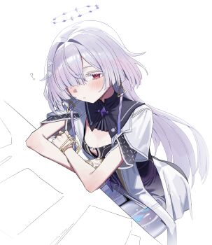 Rule 34 | 1girl, ?, absurdres, breasts, colored eyelashes, commentary request, dress, earrings, grey hair, hair intakes, hair ornament, hair over one eye, halo, highres, jacket, jewelry, korean commentary, long hair, looking at viewer, mornye (wuthering waves), parted lips, purple dress, red eyes, sitting, small breasts, solo, syhan, triangle earrings, white jacket, wuthering waves