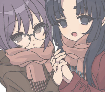 Rule 34 | 2girls, :d, :o, asakura ryoko, blue eyes, blue hair, brown coat, coat, commentary request, holding hands, interlocked fingers, long hair, long sleeves, multiple girls, nagato yuki, nanonome, open mouth, orange scarf, parted lips, purple hair, red coat, scarf, short hair, smile, suzumiya haruhi no shoushitsu, suzumiya haruhi no yuuutsu, tongue