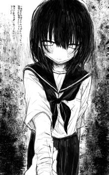 1girl arm_behind_back blood blush greyscale highres looking_at_viewer mask_pull monochrome neckerchief noroi_(rnatataki) original pov pov_hands sailor_collar school_uniform self-harm short_sleeves sketch skirt solo_focus sweat translation_request