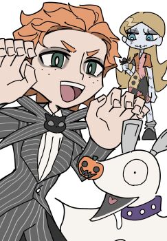 Rule 34 | 1boy, 1girl, black suit, blonde hair, blue eyes, breasts, brief (psg), chuck (psg), couple, dating, dog, dress, formal clothes, freckles, green eyes, halloween, halloween costume, happy, hetero, highres, long hair, looking at viewer, open mouth, orange hair, panty &amp; stocking with garterbelt, panty (psg), pet, pumpkin, short hair, smile, suit, trick or treat, tuxedo, vampire costume, white background, wpous121, zombie costume