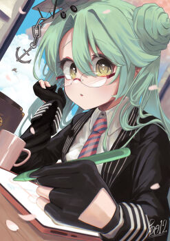 1girl aircraft airplane anchor azur_lane biplane black_gloves black_jacket collared_shirt cup day glasses gloves green_hair hair_bun holding holding_stylus indoors jacket langley_(azur_lane) langley_ii_(azur_lane) long_hair looking_at_viewer mug nattoushouyu3 necktie partially_fingerless_gloves petals rimless_eyewear shirt signature solo striped_necktie stylus tablet_pc white_shirt window yellow_eyes