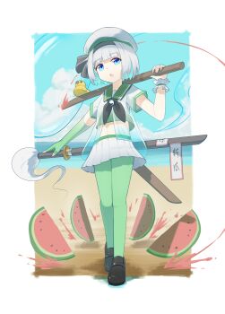 1girl absurdres alternate_costume beach beret black_hairband black_neckerchief blue_eyes blue_sky bokken brown_shoes chinese_commentary cloud commentary_request commission day edsky0309 elbow_gloves fingerless_gloves food fruit full_body gloves green_pantyhose green_sailor_collar grey_hair hairband hat highres hitodama katana konpaku_youmu konpaku_youmu_(ghost) loafers midriff navel neckerchief ocean open_mouth outdoors pantyhose pleated_skirt rubber_duck sailor_collar sailor_shirt second-party_source see-through_clothes sheath shirt shoes single_glove single_wrist_cuff skirt sky solo sword touhou translation_request watermelon watermelon_slice weapon weapon_on_back white_gloves white_hat white_skirt wooden_sword wrist_cuffs