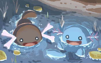 :d alternate_form blue_skin colored_skin dark_skin dashimaki_gorilla_(dasigori) gen_2_pokemon mud nintendo no_humans open_mouth outdoors paldean_wooper partially_submerged pokemon pokemon_(creature) pokemon_focus pokemon_sv reeds sitting smile solid_circle_eyes tail water wooper