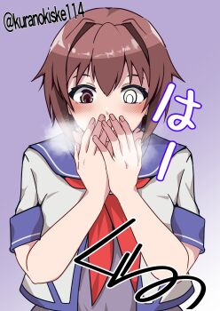 1girl blue_sailor_collar breath brown_eyes brown_hair commentary_request furutaka_(kancolle) gradient_background heterochromia highres kantai_collection kurano_kisuke necktie one-hour_drawing_challenge purple_background red_necktie sailor_collar sailor_shirt school_uniform serafuku shirt short_hair signature solo twitter_username upper_body white_eyes white_shirt