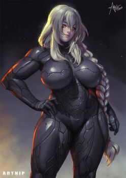 1girl artnip black_bodysuit bodysuit braid breasts commentary cowboy_shot curvy english_commentary hair_over_shoulder halo_(series) hand_on_own_hip highres large_breasts long_hair looking_at_viewer original science_fiction single_braid solo standing very_long_hair
