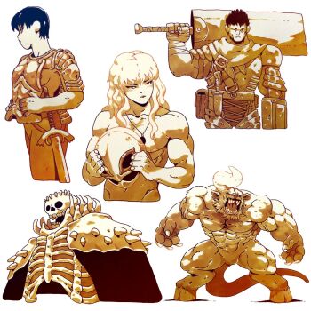 Rule 34 | 1girl, armor, behelit, berserk, casca (berserk), davilorium, dragonslayer (sword), full armor, greatsword, griffith (berserk), guts (berserk), highres, huge weapon, multiple boys, skull knight (berserk), sword, weapon, zodd (berserk)