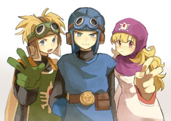 1girl 2boys aviator_cap aviator_goggles black_bodysuit blonde_hair blue_eyes blue_gloves blue_hat blue_tunic blunt_bangs bodysuit cape capelet closed_mouth commentary_request dragon_quest dragon_quest_ii gloves goggles goggles_on_head green_gloves green_tabard hair_between_eyes hand_on_own_hip hat highres hood hood_up light_blush long_hair magainu multiple_boys open_mouth orange_cape pink_eyes prince_of_lorasia prince_of_samantoria princess_of_moonbrook purple_capelet purple_hood robe roto's_emblem short_hair smile tabard tunic upper_body v white_background white_robe
