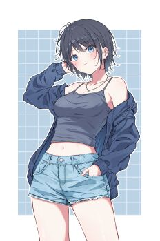 1girl absurdres arm_up black_camisole black_hair black_jacket blue_background blue_eyes blue_shorts border breasts camisole cleavage closed_mouth collarbone commentary_request cowboy_shot cutoffs denim denim_shorts grid_background hand_in_pocket highres jacket jewelry korinesan looking_at_viewer medium_breasts midriff navel necklace off_shoulder open_clothes open_jacket original outside_border short_hair short_shorts shorts smile white_border