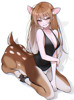 1girl absurdres ahoge animal_ears bare_arms bare_shoulders black_dress blush breasts brown_hair centauroid cleavage collarbone commentary deer_ears deer_girl deer_tail double-parted_bangs dress drop_shadow extra_ears grey_hair grey_streaks hair_between_eyes haze_(7h4ze) highres huge_ahoge large_breasts long_hair looking_at_viewer multicolored_hair original simple_background sitting sleeveless sleeveless_dress slit_pupils smile solo tail taur teeth two-tone_hair white_background yellow_eyes