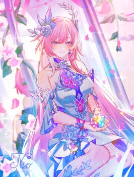 1girl adversarial_noise aqua_hair artist_name bare_shoulders breasts commentary cyrene_(honkai:_star_rail) cyrene_(ripples_of_past_reverie)_(honkai:_star_rail) diamond-shaped_pupils diamond_(shape) dress earrings flower hair_flower hair_ornament holding holding_flower honkai:_star_rail honkai_(series) jewelry long_hair looking_at_viewer medium_breasts multicolored_hair om_rm1101 pink_hair purple_eyes smile solo symbol-shaped_pupils very_long_hair white_dress white_hair