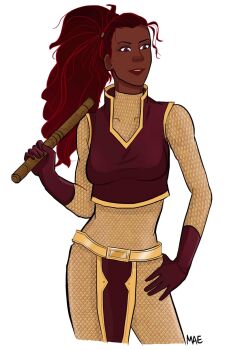 1girl armor dark_skin dark-skinned_female dc_comics empress_(dc) female_focus hand_on_own_hip highres parted_lips ponytail solo weapon young_justice