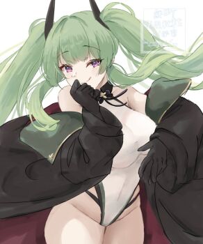 1girl azur_lane black_gloves black_jacket blush breasts cowboy_shot gloves green_hair highres jacket large_breasts long_hair looking_at_viewer maggiore_baracca_(azur_lane) mumei_shumi one-piece_swimsuit purple_eyes smile solo swimsuit twintails white_one-piece_swimsuit