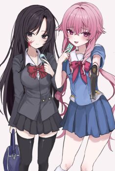 2girls axe bag black_skirt black_thighhighs blood blood_on_face blue_bag blue_shirt blue_skirt blush bow breasts brown_eyes brown_hair cellphone closed_mouth collarbone commentary_request dot_nose expressionless feet_out_of_frame flip_phone gasai_yuno grey_vest hair_bow hair_intakes hand_up hashtag-only_commentary hatchet_(axe) highres holding holding_axe holding_bag holding_phone katsura_kotonoha large_breasts long_hair long_sleeves looking_at_viewer mirai_nikki multiple_girls nokos37 open_mouth phone pink_eyes pink_hair pleated_skirt red_bow sailor_collar sakakino_academy_school_uniform school_bag school_days school_uniform shirt sidelocks simple_background skirt small_breasts smile standing thighhighs twintails very_long_hair vest white_background white_sailor_collar wing_collar zettai_ryouiki