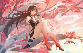 1girl absurdres ahoge bare_legs bare_shoulders breasts brown_dress brown_footwear brown_hair cleavage closed_mouth colored_extremities commentary criss-cross_halter dalmo_(pafe2444) detached_sleeves dress floating_hair full_body fuyuan_(honkai:_star_rail) hair_intakes hair_ornament hair_spread_out halterneck hand_up high_heels highres honkai:_star_rail honkai_(series) large_breasts legs lingsha_(honkai:_star_rail) long_hair looking_at_viewer on_branch orange_eyes pointy_ears red_hands short_sleeves sidelocks sitting sitting_on_branch smile symbol-only_commentary very_long_hair white_sleeves