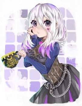 1girl animification black_nails breasts cup dead_by_daylight delaware3850 facial_mark fingernails hair_between_eyes hand_on_own_cheek hand_on_own_face heart heart_facial_mark highres holding holding_cup jewelry long_hair long_sleeves medium_breasts mug multicolored_hair nail_polish parted_lips purple_eyes purple_hair purple_lips ring sable_ward solo twitter_username two-tone_hair white_hair