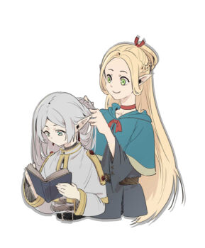 2girls blonde_hair blue_eyes book capelet commentary_request crossover dsprite23 dungeon_meshi elf frieren green_capelet highres holding holding_book long_hair looking_at_object marcille_donato multiple_girls pointy_ears reading sousou_no_frieren tying_hair very_long_hair white_background white_capelet white_hair