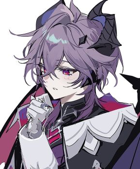 Rule 34 | 1boy, 9boksen, dragon, dragon boy, dragon horns, dragon wings, durin (genshin impact), genshin impact, gloves, hand up, highres, horns, light blush, long sleeves, looking to the side, male focus, multicolored eyes, solo, solo focus, teeth, white background, white gloves, wings