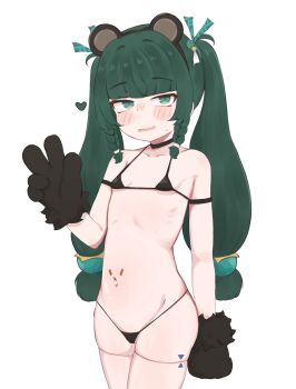 1girl android animal_ear_hairband animal_ears bear_ear_hairband bear_ears bikini black_bikini black_choker blush braid braided_sidelock breasts choker collarbone fake_animal_ears gloves green_eyes green_hair hair_ornament hairband heartbee highres joints loli long_hair micro_bikini navel paw_gloves qingyi_(zenless_zone_zero) robot_joints simple_background sphere_hair_ornament stomach swimsuit twintails white_background zenless_zone_zero