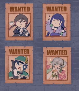 bottle caricature cup dango floral_print food genshin_impact highres looking_at_viewer nahida_(genshin_impact) parody poster raiden_shogun rose_print shuzai233 teacup twitter venti_(genshin_impact) wagashi wanted_poster wine_bottle zhongli_(genshin_impact)