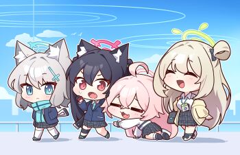 4girls :3 :d :o absurdres ahoge animal_ear_fluff animal_ears ankle_socks aqua_necktie aqua_scarf assault_rifle bag beretta_ar70/90 black_bag black_bow black_gloves black_hair black_shoes black_skirt black_socks blazer blonde_hair blue_archive blue_eyes blue_halo blue_jacket blue_sky blush bow breasts cat_ears chest_strap chibi closed_eyes cloud collared_shirt commentary crawling cross_hair_ornament double-parted_bangs fang fingerless_gloves full_body gloves grey_hair gun gun_on_back hair_between_eyes hair_bow hair_intakes hair_ornament halo hand_on_another&#039;s_head hand_up highres hood hood_down hooded_jacket hoshino_(blue_archive) id_card illust_sucong jacket knee_pads kneehighs lanyard long_hair looking_at_viewer medium_hair multiple_girls necktie nonomi_(blue_archive) off_shoulder one_side_up open_clothes open_jacket open_mouth outdoors outline pink_hair pink_halo plaid_clothes plaid_skirt pleated_skirt pout red_eyes rifle scarf school_uniform serika_(blue_archive) shadow shiroko_(blue_archive) shirt shoes shoulder_bag sidelocks sig_sauer sig_sauer_556 single_knee_pad skirt sky smile socks striped_clothes striped_scarf sweatdrop symbol-only_commentary twintails very_long_hair walking weapon weapon_on_back white_outline white_shirt white_shoes white_socks wolf_ears yellow_jacket
