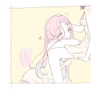 Rule 34 | 2girls, alien stage, blue hair, coldmeow, commentary, dress, english commentary, gradient hair, hand on another's head, highres, lap pillow, long hair, mizi (alien stage), multicolored hair, multiple girls, pink hair, sleeveless, sleeveless dress, smile, sua (alien stage), tail, tail wagging, two-tone hair, very long hair, yellow background, yellow dress, yellow eyes