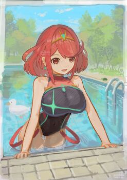 1girl animal bird black_one-piece_swimsuit breasts cloud cloudy_sky covered_navel day duck manabeku medium_hair one-piece_swimsuit open_mouth pool pool_ladder poolside pyra_(xenoblade) red_eyes red_hair sky solo swimsuit tiara tree wading water xenoblade_chronicles_(series) xenoblade_chronicles_2