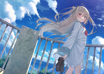 1girl absurdres ahoge arm_at_side ascot atri atri-my_dear_moments- black_ribbon blue_sailor_collar blue_sky blush closed_mouth cloud day dress feet_out_of_frame floating_clothes floating_hair from_side hair_between_eyes hair_ribbon highres holding holding_shoes holding_unworn_clothes loafers long_hair long_sleeves looking_at_viewer ocean outdoors railing red_ascot red_eyes ribbon sailor_collar sailor_dress shiro_youduki shoes sky smile solo split_mouth standing two_side_up unworn_shoes very_long_hair white_dress wide_sleeves wind