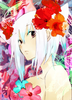 Rule 34 | 1boy, absurdres, alternate eye color, alternate hair color, animal ears, aoyagi ritsuka, aqua flower, bug, butterfly, cat boy, cat ears, commentary request, expressionless, extra ears, flower, hair flower, hair ornament, hibiscus, highres, insect, kouga yun, looking at viewer, loveless, male focus, official artist extra, orange flower, pink flower, red eyes, red flower, short hair, solo, upper body, white hair