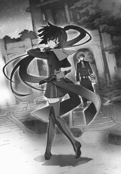 Rule 34 | 1boy, 1girl, ahoge, akatsuki (log horizon), bag, boots, dancing, dress, floating hair, full body, glasses, greyscale, hara kazuhiro, highres, log horizon, long hair, monochrome, night, novel illustration, official art, outdoors, parted lips, ponytail, sheath, sheathed, shiroe (log horizon), short dress, short sword, sky, star (sky), starry sky, sword, thigh boots, thighhighs, very long hair, weapon, zettai ryouiki