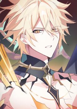 Rule 34 | 1boy, alternate form, black background, blonde hair, broken skin, collarbone, commentary, crossed bangs, eyes visible through hair, gold trim, gradient background, halo, halo behind head, highres, honkai: star rail, honkai (series), male focus, official alternate eye color, official alternate hair color, orange eyes, pale skin, papi sore, phainon (honkai: star rail), phainon (khaslana) (honkai: star rail), short hair, shoulder spikes, simple background, solo, spikes, symbol-only commentary, teeth, upper body, v-shaped eyebrows, yellow background