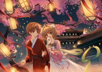 Rule 34 | 1boy, 1girl, :d, antenna hair, brown eyes, brown hair, cardcaptor sakura, closed mouth, commentary, dress, green eyes, highres, japanese clothes, kimono, kinomoto sakura, li syaoran, long sleeves, night, open mouth, outdoors, pink kimono, red kimono, short hair, smile, so tsubasa, standing, tanabata, white dress, wide sleeves