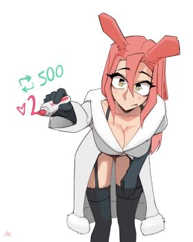 1girl animal_ears black_gloves black_thighhighs breasts cleavage closed_mouth coat cowboy_shot double-parted_bangs garter_straps gloves hair_between_eyes heart heart-shaped_pupils highres holding holding_marker large_breasts leaning_forward long_hair long_sleeves looking_at_viewer marker original pink_hair rabbit_ears rabbit_girl shibansfw simple_background solo symbol-shaped_pupils thighhighs twitter_strip_game white_background white_coat yellow_eyes