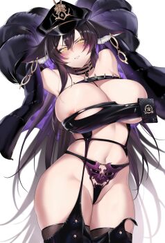 1girl absurdres animal_ears areola_slip arms_up azur_lane bare_shoulders black_hair black_hat black_jacket black_panties black_thighhighs blush breasts cleavage clenched_teeth fox_ears hat highres jacket large_breasts long_hair long_sleeves looking_at_viewer musashi_(azur_lane) navel open_clothes oxygen_mask_(oxygenmask233) panties peaked_cap solo teeth thighhighs thighs underwear yellow_eyes