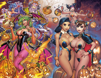 2boys 5girls :d ahoge alternate_costume animal_ears animal_hands animal_print arm_around_shoulder arm_around_waist armpit_crease artist_collaboration artist_logo asymmetrical_hair bare_shoulders bare_tree bat_(animal) bat_print bat_wings big_hair bikini black_bikini black_boots black_cape black_hair black_leotard blue_eyes blue_hair blunt_bangs body_fur bolt_(hardware) boots bracelet breasts bridal_gauntlets brown_eyes brown_hair bun_cover candy candy_wrapper capcom cape cat_ears cat_girl cat_paws cat_tail chun-li claws cleavage clenched_hand clothing_cutout collar collarbone colored_skin colored_teeth cornrows dark-skinned_female dark_skin darkstalkers demon_girl demon_wings detached_collar double_bun drill_hair earrings energy eyeshadow fake_animal_ears fake_tail fangs felicia_(darkstalkers) food frankenstein&#039;s_monster full_moon fur-trimmed_bikini fur-trimmed_leotard fur_thighhighs fur_trim furry furry_male gem glowing glowing_eye glowing_eyes gold_bracelet gold_earrings gold_trim green_eyes green_hair green_shirt grin hair_between_eyes hair_bun hair_horns halloween halloween_bucket halloween_costume han_juri hand_on_another&#039;s_shoulder happy_halloween head_wings heart_cutout highleg highleg_leotard highres holding holding_skull hoop_earrings huge_ahoge huge_moon jack-o&#039;-lantern jewelry jon_talbain jonboy_meyers large_breasts laura_matsuda leotard linea_alba lips logo lollipop long_hair looking_at_viewer low_wings makeup micro_bikini midriff moon morrigan_aensland multicolored_hair multiple_boys multiple_girls muscular muscular_male night night_sky object_through_head off-shoulder_leotard open_mouth orange_bikini orange_bridal_gauntlets orange_gemstone orange_hair orange_ribbon outdoors pantyhose pawpads plant print_pantyhose pumpkin purple_eyes purple_pantyhose purple_streaks purple_wings red_cape red_eyes revealing_clothes ribbon ryan_kinnaird screw screw_in_head shirt short_hair sideboob signature skull sky smile smirk spiked_bracelet spiked_hair spikes standing star_(sky) starry_sky streaked_hair street_fighter street_fighter_ii_(series) street_fighter_iv_(series) street_fighter_v swimsuit tail teeth thick_neck thong_bikini tongue tongue_out tree twin_drills two-tone_cape upper_teeth_only v-shaped_eyebrows very_long_hair victor_von_gerdenheim wavy_hair werewolf white_collar white_fur wings wolf_boy wolf_ears wrapped_candy yellow_eyes yellow_teeth