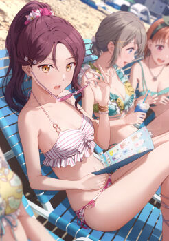 4girls :d aqua_bikini bare_shoulders beach bikini blue_bikini blurry blurry_background bow bow_hairband bracelet breasts chair cleavage collarbone commentary_request crossed_legs cup disposable_cup frilled_bikini frills green_bikini green_hairband hair_bow hair_ornament hairband hairpin highres holding holding_cup holding_menu holding_phone jewelry large_breasts legs long_hair looking_at_viewer lounge_chair love_live! love_live!_sunshine!! medium_hair menu mismatched_bikini multiple_girls navel necklace on_chair open_mouth orange_hair outdoors phone pineapple_print ponytail red_bow red_hair removing_eyewear sakurauchi_riko shamakho short_ponytail smile solo_focus stomach sunglasses swimsuit takami_chika thighs watanabe_you watermark x_hair_ornament yellow_eyes