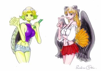 2girls absurdres balding bird_wings black_wings breasts brown_eyes colored_skin cropped_legs cucumber curvy denim denim_shorts earrings eyelashes food gold_earrings gradient_hair green_hair green_skin groin hair_ornament hauchiwa highres holding holding_food holding_vegetable hoop_earrings jewelry kappa large_breasts long_hair long_nose micro_shorts midriff miniskirt multicolored_hair multiple_girls narrow_waist navel oda_eiichirou oda_eiichirou_(style) off-shoulder_shirt off_shoulder orange_hair original pink_skin pom_pom_(clothes) purple_tank_top red_skirt shaved_head shirt short_hair short_shorts shorts signature skirt suspender_skirt suspenders tank_top tengu traditional_youkai turtle_shell vegetable webbed_hands white_background wings