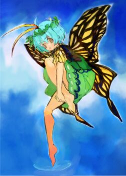 Rule 34 | 1girl, antennae, aqua hair, barefoot, brown eyes, butterfly wings, dress, eternity larva, fairy, full body, green dress, hair between eyes, insect wings, konabetate, leaf, leaf on head, multicolored dress, open mouth, short hair, short sleeves, solo, touhou, wings