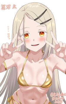 1girl absurdres armpits bikini blonde_hair blush breasts character_name cleavage collarbone colored_eyelashes double_v earrings flipped_hair gakuen_idolmaster gold_bikini golden_week hair_ornament hairclip highres idolmaster jewelry kamishita_tomori leaning_forward long_hair looking_at_viewer multi-strapped_bikini_bottom navel open_mouth orange_eyes parallel_hairclips ribs shinosawa_hiro signature simple_background small_breasts smile solo stomach stud_earrings swimsuit talking triangle_bikini_top twitter_username upper_body v white_background
