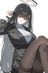 Rule 34 | 1girl, black hair, black jacket, black skirt, black suit, blue archive, blunt bangs, breasts, bright pupils, brown pantyhose, closed mouth, commentary, crossed legs, feet out of frame, formal, hair ornament, hairclip, halo, hand up, highres, jacket, large breasts, long hair, long sleeves, looking at viewer, nnxx3333, open hand, pantyhose, pleated skirt, red eyes, rio (blue archive), sitting, skirt, solo, suit, sweater, thighband pantyhose, turtleneck, turtleneck sweater, very long hair, watch, white background, white sweater, wristwatch