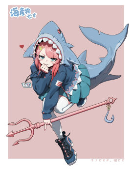 1girl \n/ absurdres aqua_skirt blue_eyes blue_footwear blue_jacket button_eyes buttons closed_mouth commentary_request cute_weapon fins fish_hair_ornament fish_tail foot_up hair_ornament hairclip hand_on_own_face hand_up heart highres holding_polearm holding_weapon hook id_card jacket leicai light_blush medium_hair miniskirt original pink_hair pleated_skirt polearm shark_girl shark_tail skirt smile solo swept_bangs tail thighhighs translation_request trident weapon white_thighhighs zettai_ryouiki