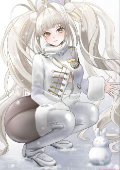 1girl armband ass black_armband black_pantyhose blanc_(fortune_express)_(nikke) blanc_(nikke) boots coat fang fur-trimmed_boots fur-trimmed_collar fur_trim goddess_of_victory:_nikke grey_hair hair_intakes high-waist_pantyhose highres official_alternate_costume official_alternate_hairstyle pantyhose see-through_pantyhose skin_fang solo split-color_clothes squatting wataamergb waving white_boots winter_clothes winter_coat yellow_eyes