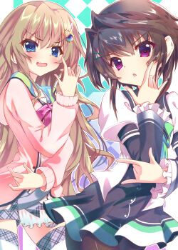 Rule 34 | 2girls, 9-nine-, \m/, absurdres, argyle background, belt, black dress, black hair, black pantyhose, black thighhighs, blue eyes, blush, bow, bowtie, brown hair, cardigan, chuunibyou, commentary request, cowboy shot, dress, dress bow, eyes visible through hair, frilled sleeves, frills, gear hair ornament, gradient background, green background, green bow, grey belt, hair between eyes, hair intakes, hair ornament, hairclip, hakusen academy school uniform, hand up, highres, juliet sleeves, kuho girls academy school uniform, kujou miyako, long hair, long sleeves, looking at viewer, multiple girls, nervous smile, open cardigan, open clothes, open mouth, outline, pantyhose, pink bow, pink bowtie, pink cardigan, pleated dress, puffy sleeves, red eyes, school uniform, serious, short hair with long locks, sidelocks, simple background, smile, star (symbol), star print, sukonbu385, thighhighs, v-shaped eyebrows, very long hair, watermark, wavy mouth, white dress, white outline, white thighhighs, wide sleeves, wing hair ornament, yuuki noa, zettai ryouiki