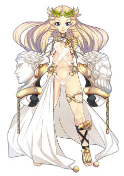 1girl abs anklet armor bad_id bad_pixiv_id ban!_(bansankan) blonde_hair blue_eyes blush chain clenched_hands female_focus flat_chest full_body fur_trim gauntlets genderswap gluteal_fold greek_mythology head head_wreath heracles_(mythology) hercules jewelry laurel_crown laurel_wreath loli long_hair looking_at_viewer muscular muscular_child navel original revealing_clothes sandals simple_background smile solo standing straight-on thigh_strap thighlet warrior weapon white_background yujie_shenji