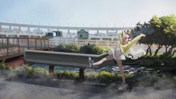 1girl :d absurdres arms_up barricade black_horns blue_shoes bridge building cardigan commentary cup day dress drinking_glass floating_clothes foliage full_body green_cardigan guard_rail highres holding holding_cup horns leg_up long_hair long_sleeves looking_at_viewer open_mouth original outdoors people pointy_ears salenpath scenery security_checkpoint shadow shoes sky smile sneakers solo standing standing_on_one_leg stream tail tree very_long_hair water white_dress white_hair yellow_eyes