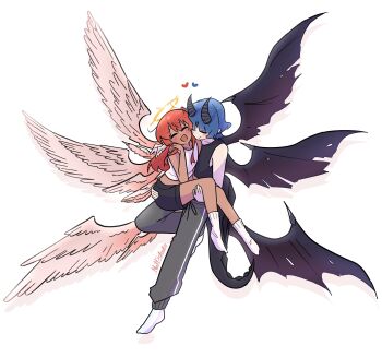 absurdres angel angel_wings black_shorts black_tail black_wings blush bocchi_the_rock! closed_eyes cuddling dark-skinned_female dark_skin demon_girl demon_horns demon_wings feathered_wings grey_pants halo hand_on_another&#039;s_ass heart highres horns kita_ikuyo midriff multiple_wings nattydodo_002 open_mouth pants pink_wings shorts simple_background smile socks torn_wings white_background white_socks wings yamada_ryo yuri