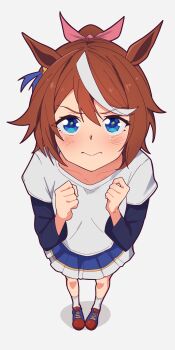 1girl absurdres animal_ears bandaged_foot bandaged_leg bandages blue_eyes blue_skirt blush bow breasts brown_hair choker closed_eyes closed_mouth collarbone commentary_request corset crutch ear_bow ear_ribbon hair_between_eyes high_ponytail highres holding holding_microphone holding_microphone_stand horse_ears horse_girl horse_tail injury jacket layered_sleeves long_hair long_sleeves looking_at_viewer microphone microphone_stand midriff multicolored_hair music navel official_alternate_costume open_mouth outstretched_arms overskirt pants ponytail pout purple_choker red_corset red_jacket red_pants red_track_suit shirt shoes short_over_long_sleeves short_sleeves simple_background singing sitting skirt snow_hawkeye socks solo starting_future_(umamusume) streaked_hair tail teeth tokai_teio_(umamusume) tracen_training_uniform track_jacket track_pants track_suit two-tone_hair umamusume upper_body upper_teeth_only white_background white_hair white_jacket white_shirt white_skirt white_socks