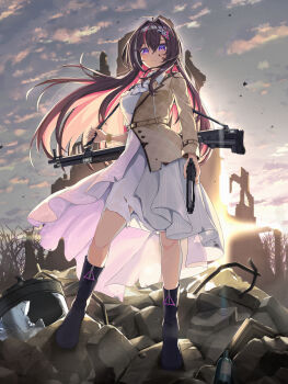 1girl asymmetrical_sidelocks azki_(4th_costume)_(hololive) azki_(hololive) benelli_m4 beretta_92 black_boots black_hair boots brown_jacket closed_mouth cloud collared_dress colored_inner_hair commentary_request double-parted_bangs dress full_body gun hair_intakes hair_ornament hairclip half-jacket handgun high-low_dress high_heel_boots high_heels highres holding holding_gun holding_weapon hololive jacket long_hair looking_at_viewer mole mole_under_eye multicolored_hair outdoors pink_hair purple_eyes shara_(syara_so_ju) shotgun sidelocks sky solo standing streaked_hair torn_clothes torn_dress torn_jacket very_long_hair virtual_youtuber weapon weapon_request white_dress white_hair