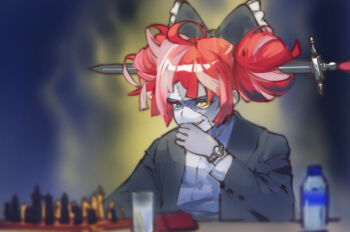 1girl alternate_costume aura black_bow black_jacket blue_eyes board_game bottle bow chess chess_piece double_bun hair_bow hair_bun heterochromia hololive hololive_indonesia jacket kureiji_ollie long_hair multicolored_hair open_clothes open_jacket patchwork_skin playing_chess red_hair sitting sword symbol-shaped_pupils very_long_hair virtual_youtuber watch water_bottle weapon wristwatch x-shaped_pupils yellow_eyes yoruny zombie