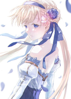 1girl bare_shoulders blonde_hair blue_eyes blue_flower blue_rose braid braided_bun breasts commentary_request detached_sleeves dress flower hair_bun hair_flower hair_ornament hair_ribbon highres light_smile long_hair looking_at_viewer original peco_(ppeco0) petals ribbon rose small_breasts solo twintails upper_body